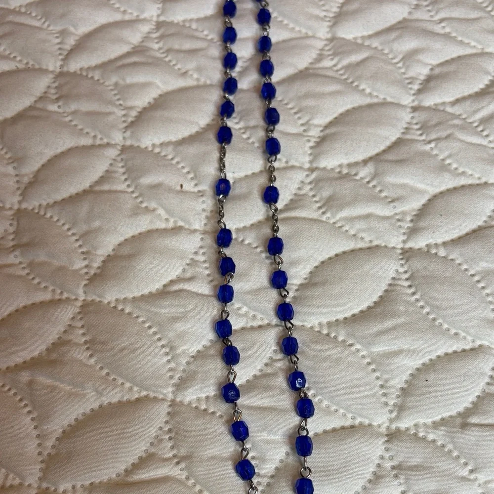 INRI Blue Beaded Rosary Necklace with Silver Accents